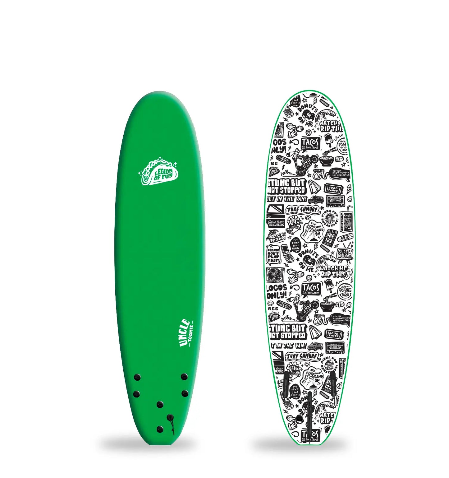 Legion of Fun - Uncle Foamie Foam 7' Surfboard in Kelly Green and Foamie Collage