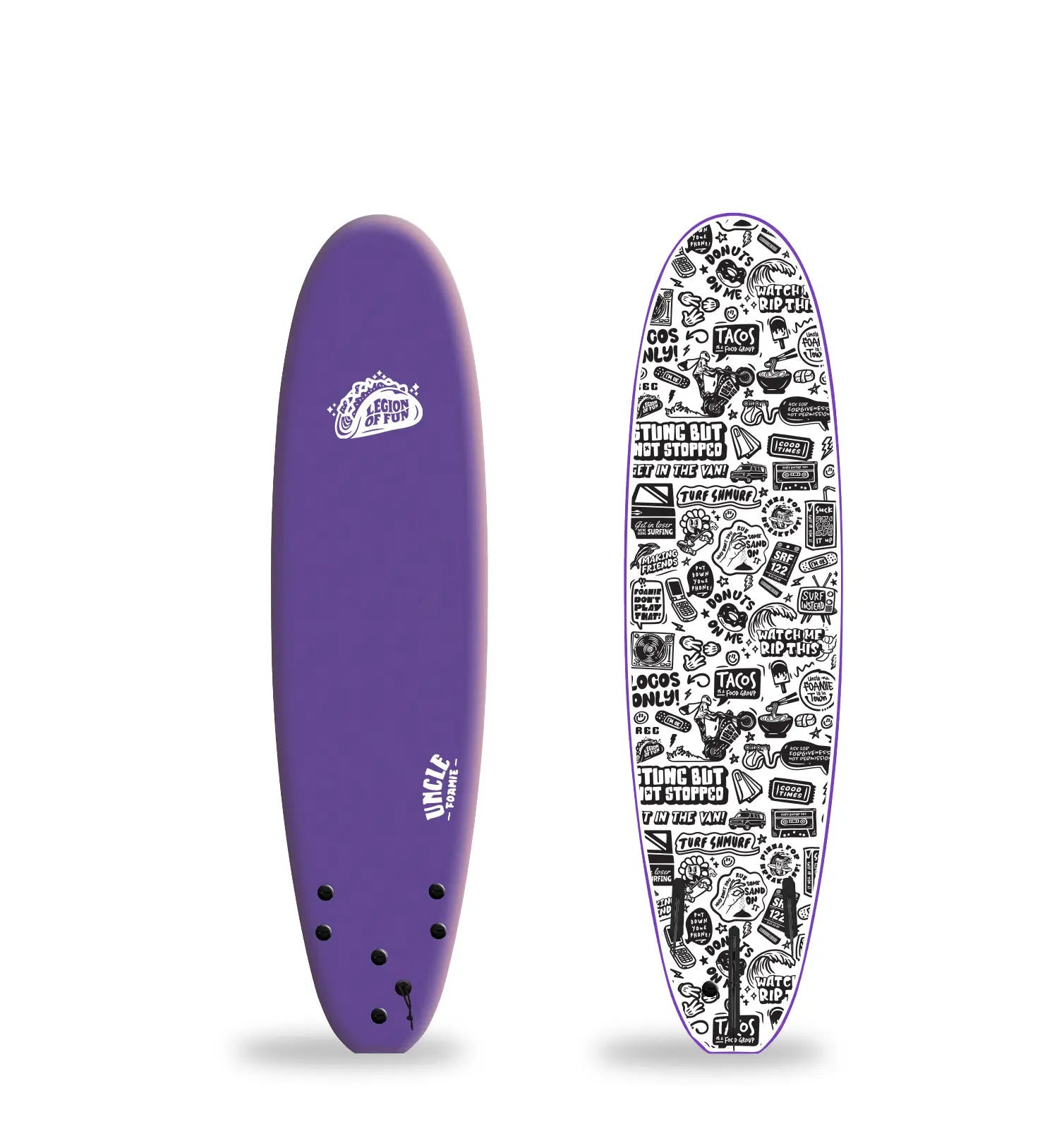 Legion of Fun - Uncle Foamie Foam 7' Surfboard in Purple and Foamie Collage